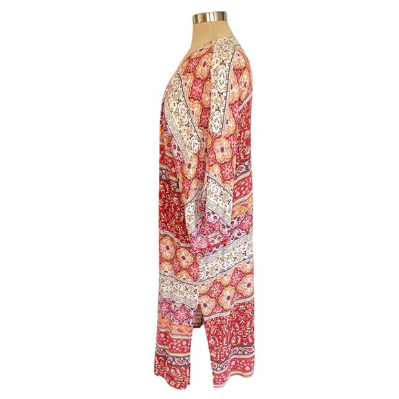 Rikka Orange Red Paisley & Morocan Print Long Line Kimono Cover One Size Gauzy - Picture 3 of 7